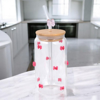 Steklena skodelica z roza pentljami - 460 ml