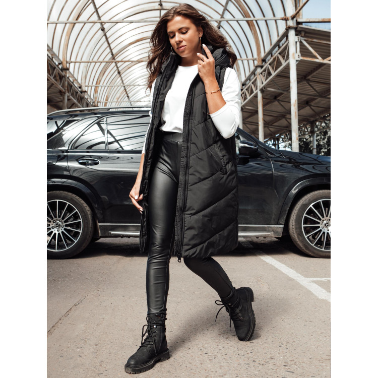 Ženski dolg prešit brezrokavnik v črni barvi