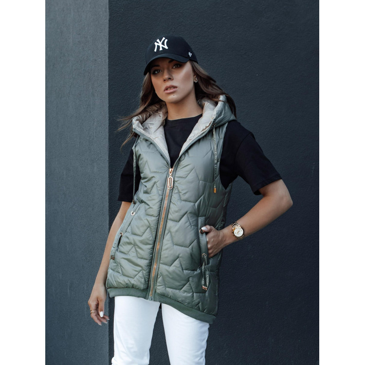 Ženski zeleni puhasti telovnik s kapuco