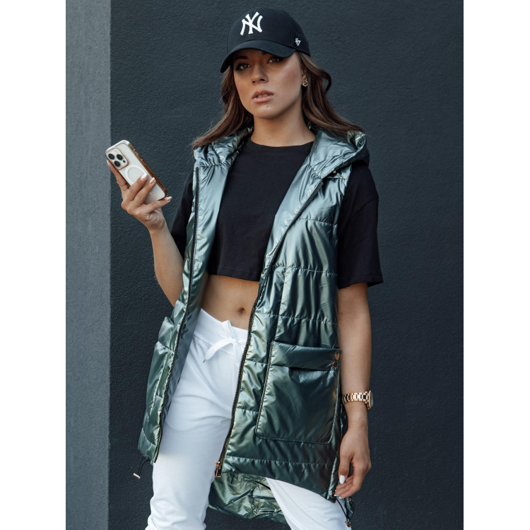 Zelen dolg ženski brezrokavnik s prešitimi elementi