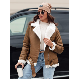 Ženska usnjena jakna s krznom v rjavi barvi