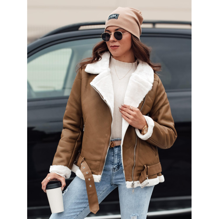 Ženska usnjena jakna s krznom v rjavi barvi