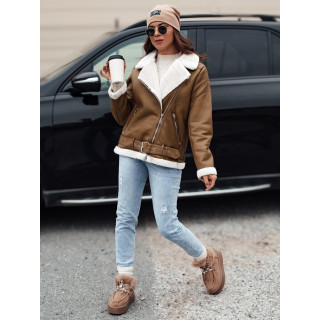 Ženska usnjena jakna s krznom v rjavi barvi