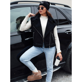 Semiš črn ženski brezrokavnik s krznom