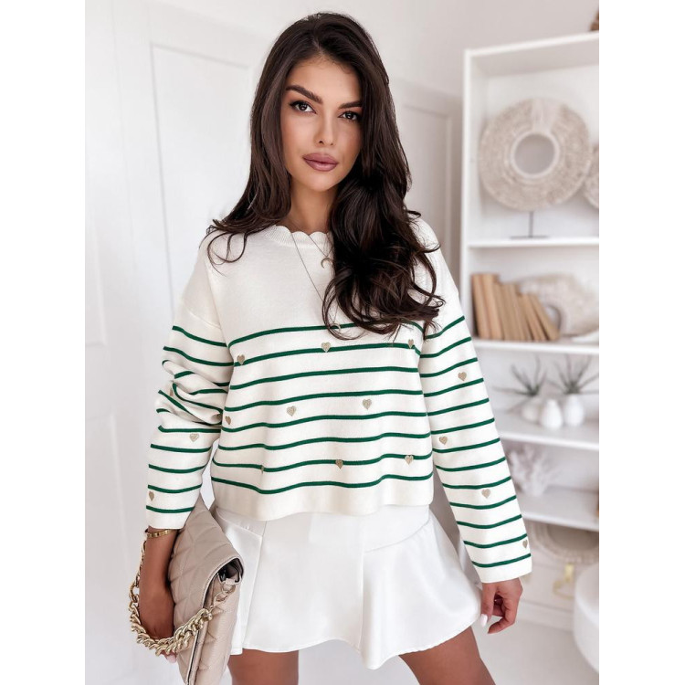 Zeleno-bel črtast pulover s srčki MY2027