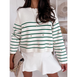 Zeleno-bel črtast pulover s srčki MY2027