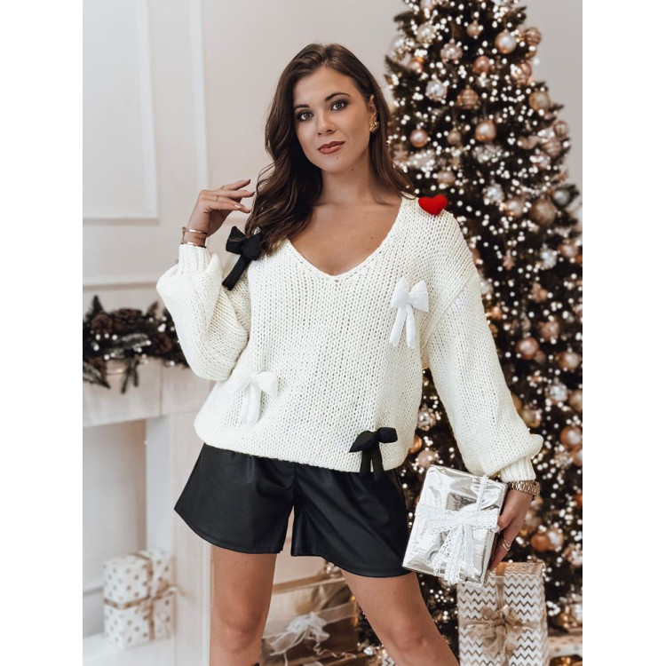 Ženski bel pulover s polnjenimi pentljami MY2362