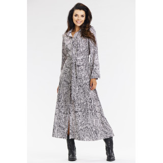 Ženska modro-rjava srajčna obleka z zavezovanjem v pasu