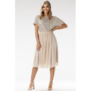 Bleščičasta roza ženska obleka s tilom