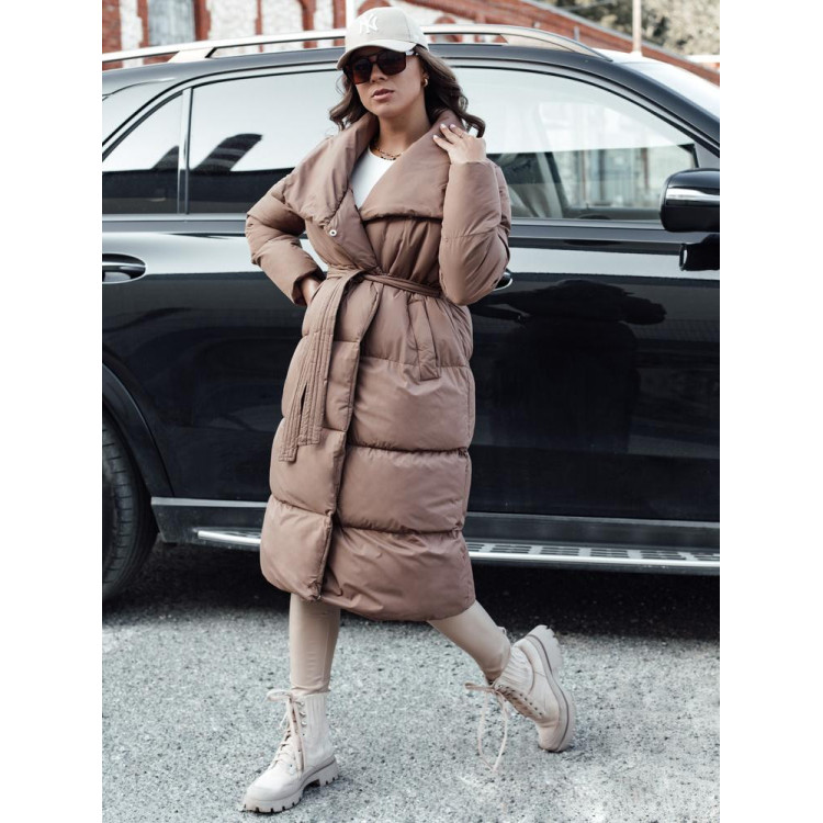 Ženska dolga rjava jakna z velikim ovratnikom TY4571