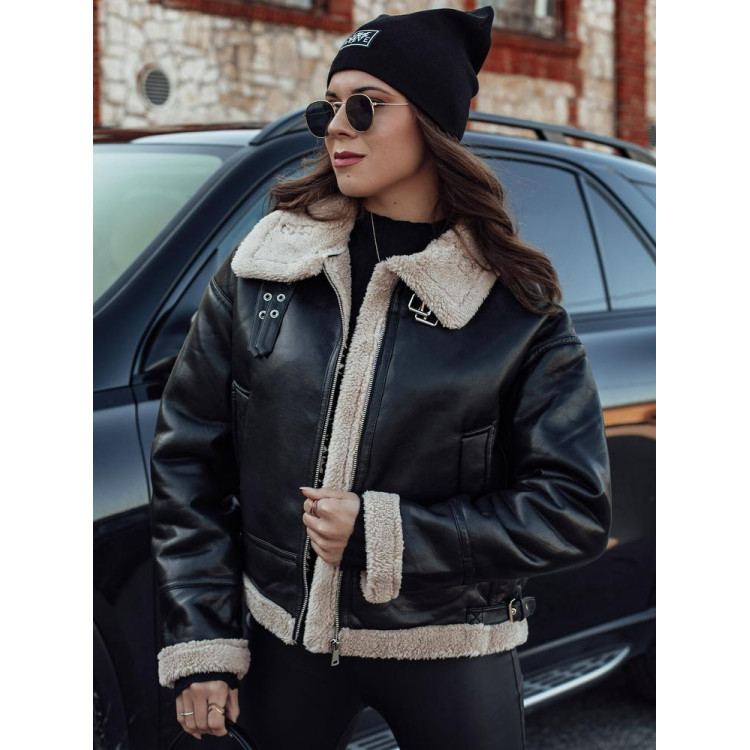 Ženska črna usnjena jakna s krznom TY4756