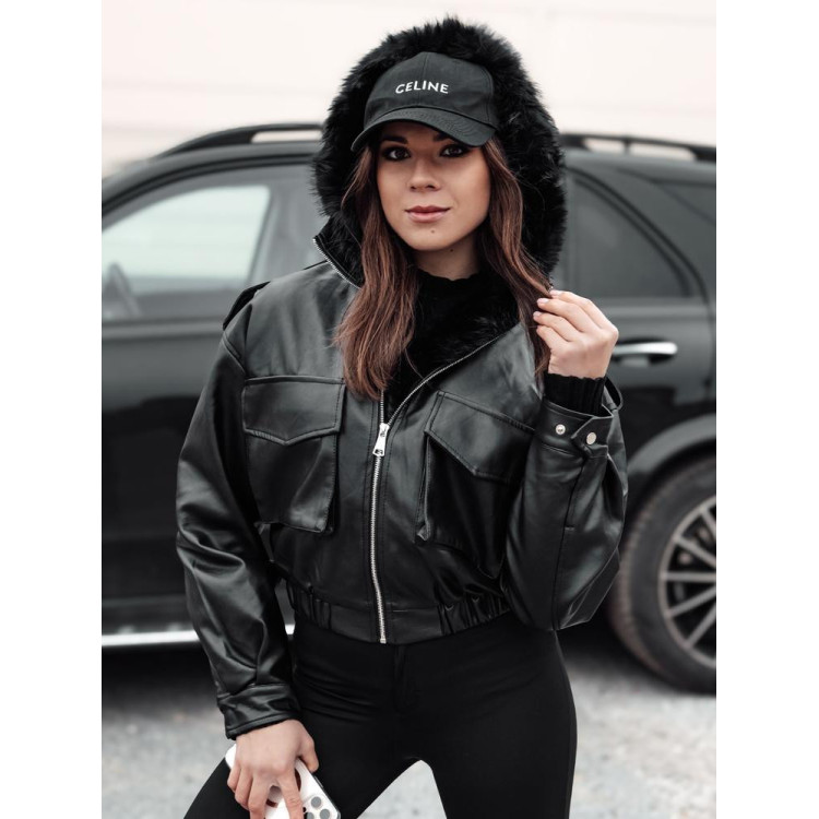 Ženska črna usnjena jakna s krznom TY4762