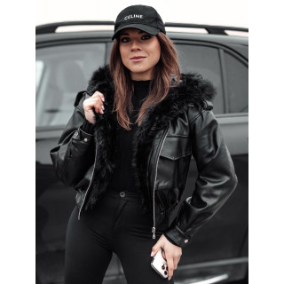 Ženska črna usnjena jakna s krznom TY4762