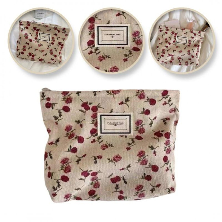 Bež kozmetična torbica z rdečimi rožicami