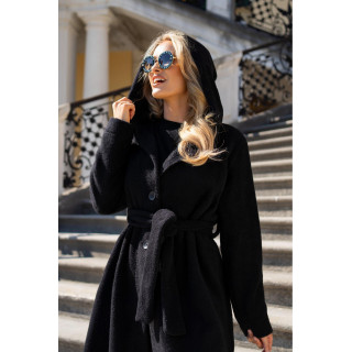 Ženski dolg siv plašč s kapuco