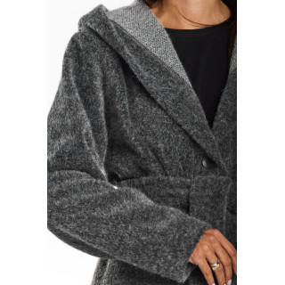 Ženski dolg siv plašč s kapuco