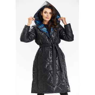 Temno modra dolga ženska jakna s pasom