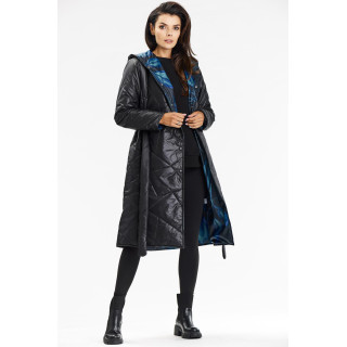 Temno modra dolga ženska jakna s pasom