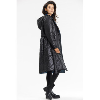 Temno modra dolga ženska jakna s pasom