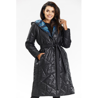 Temno modra dolga ženska jakna s pasom