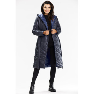 Temno modra dolga ženska jakna s pasom