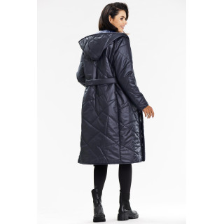 Temno modra dolga ženska jakna s pasom