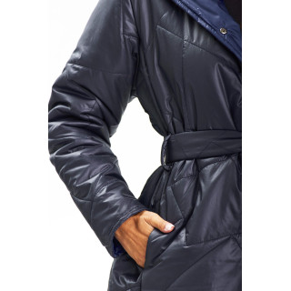 Temno modra dolga ženska jakna s pasom