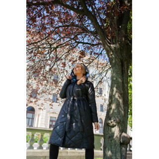 Temno modra dolga ženska jakna s pasom