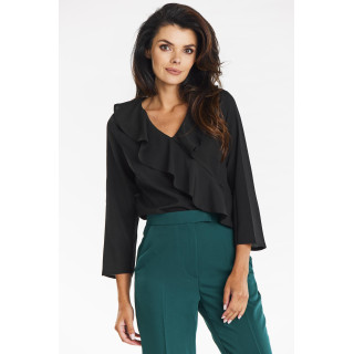 Elegantna črna bluza z volančki