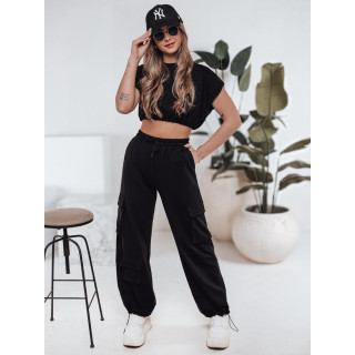 Črn ženski komplet s hlačami in kratkim topom AY1121