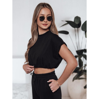 Črn ženski komplet s hlačami in kratkim topom AY1121