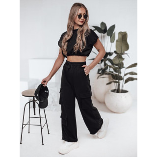 Črn ženski komplet s hlačami in kratkim topom AY1121