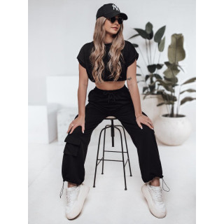 Črn ženski komplet s hlačami in kratkim topom AY1121