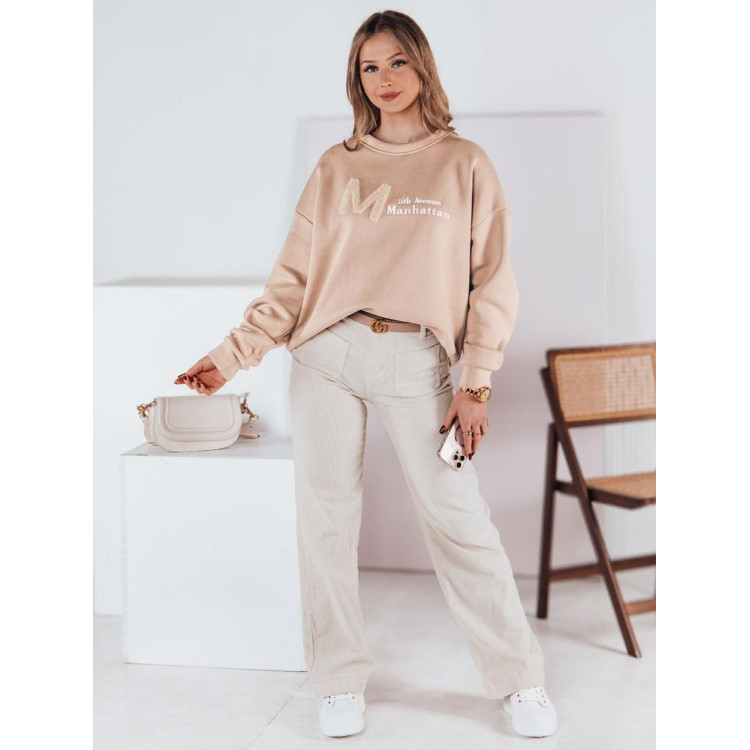 Ženski ohlapen pulover v bež barvi z vezenino BY1354