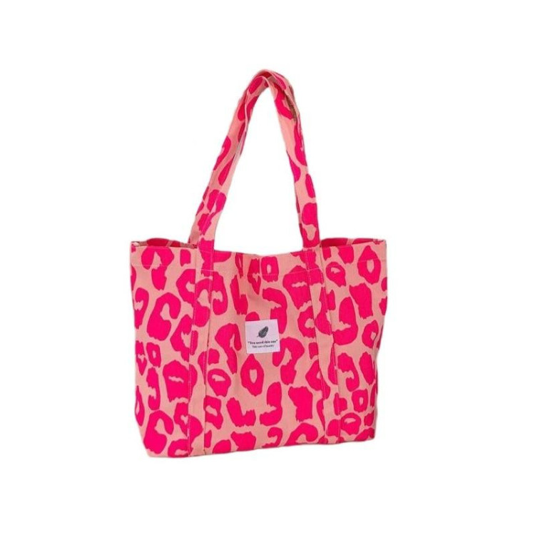 Velika roza blaga torba z leopardjim potiskom
