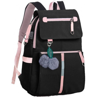 Črno roza šolski nahrbtnik z obeskom in USB