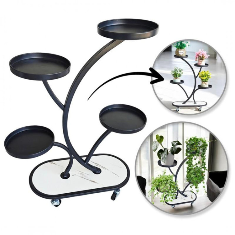 Črno kovinsko stojalo za rože na kolesih