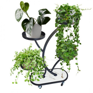 Črno kovinsko stojalo za rože na kolesih