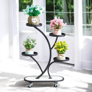 Črno kovinsko stojalo za rože na kolesih