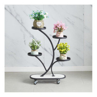 Črno kovinsko stojalo za rože na kolesih