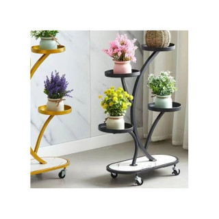 Črno kovinsko stojalo za rože na kolesih