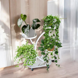 Kovinsko belo stojalo za rože na kolesih