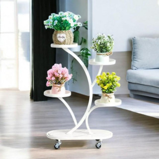 Kovinsko belo stojalo za rože na kolesih