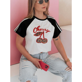 Ženska črno-bela majica s potiskom češenj RY2867