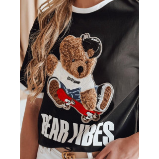 Črna ženska majica s kratkimi rokavi in našitom medveda RY2851