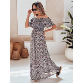 Cvetlična modra dolga obleka EY2634