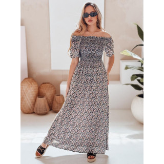 Cvetlična modra dolga obleka EY2634