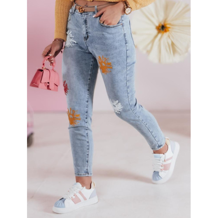 Ženske modre kavbojke s cvetličnim potiskom UY2467