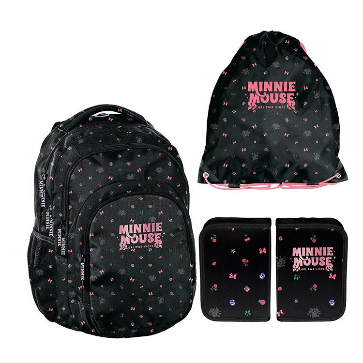 Črn 3-delni šolski komplet MINNIE iz nahrbtnika, torbe in peresnice