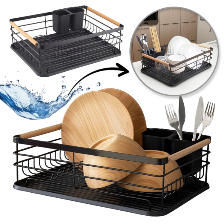 Črn odcejalnik za posodo s pladnjem